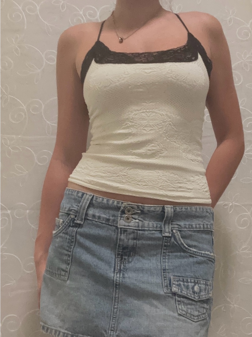 Free People Jules Seamless Cami Lace Trim White & Black Medium-Large